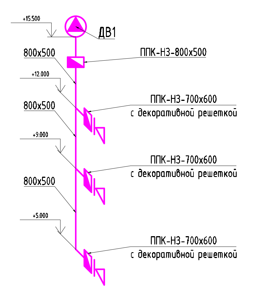 Аксонометрия системы ДВ, 3-этажное здание