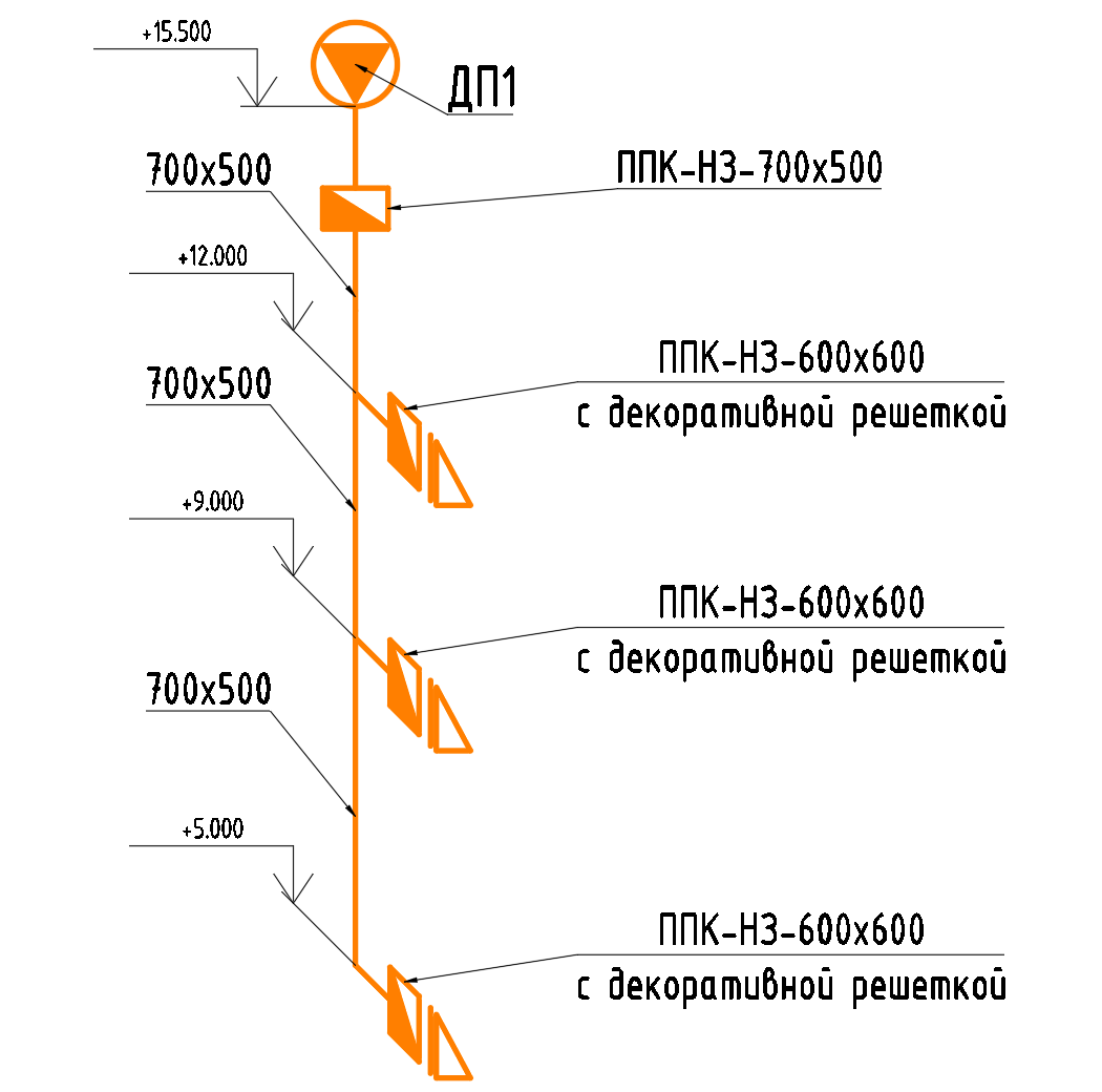 Аксонометрия системы ДП, 3-этажное здание