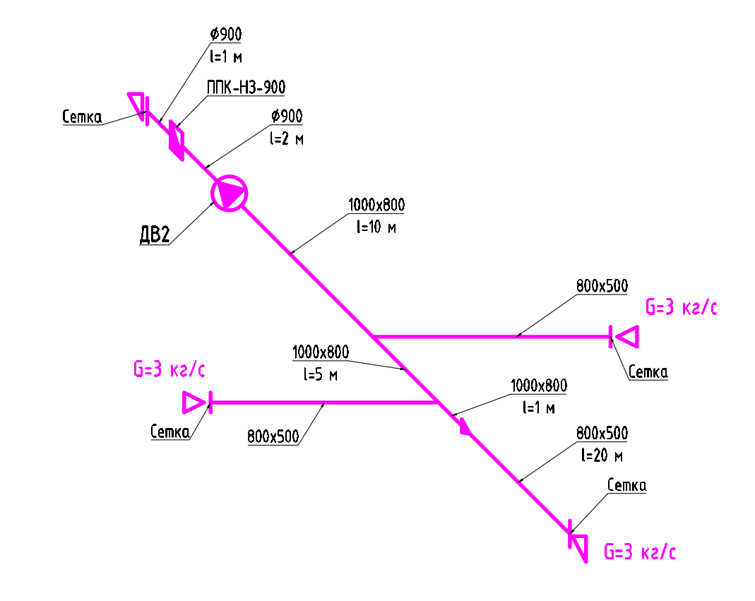 Аксонометрия системы ДВ, 1-этажное здание