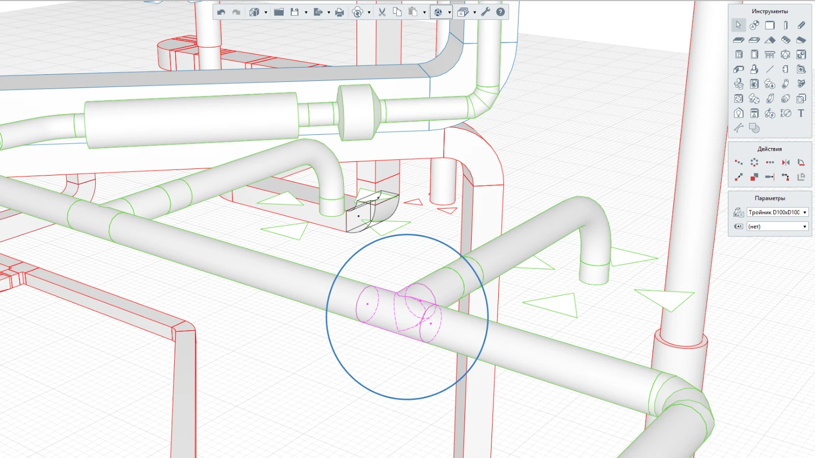 Ручная установка переходов в местах изменения сечений воздуховодов в Renga